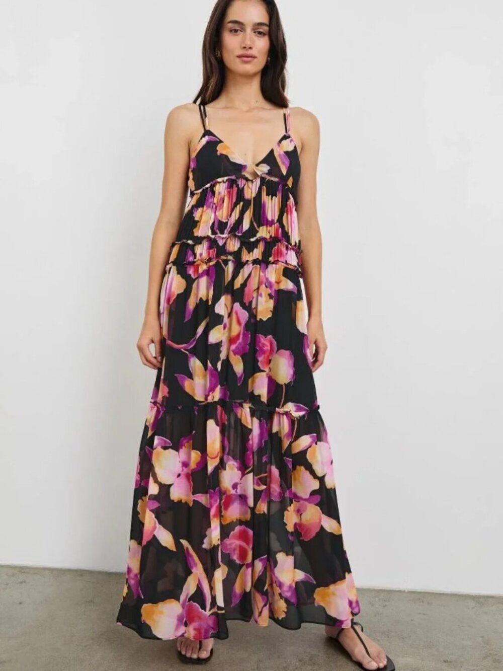 Rails Black Floral Tiered Maxi Dress with Pink and Yellow Blossoms